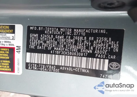 2011 Toyota Camry Le z USA, uszkodzony, nr VIN 4T1BF3EK5BU630817